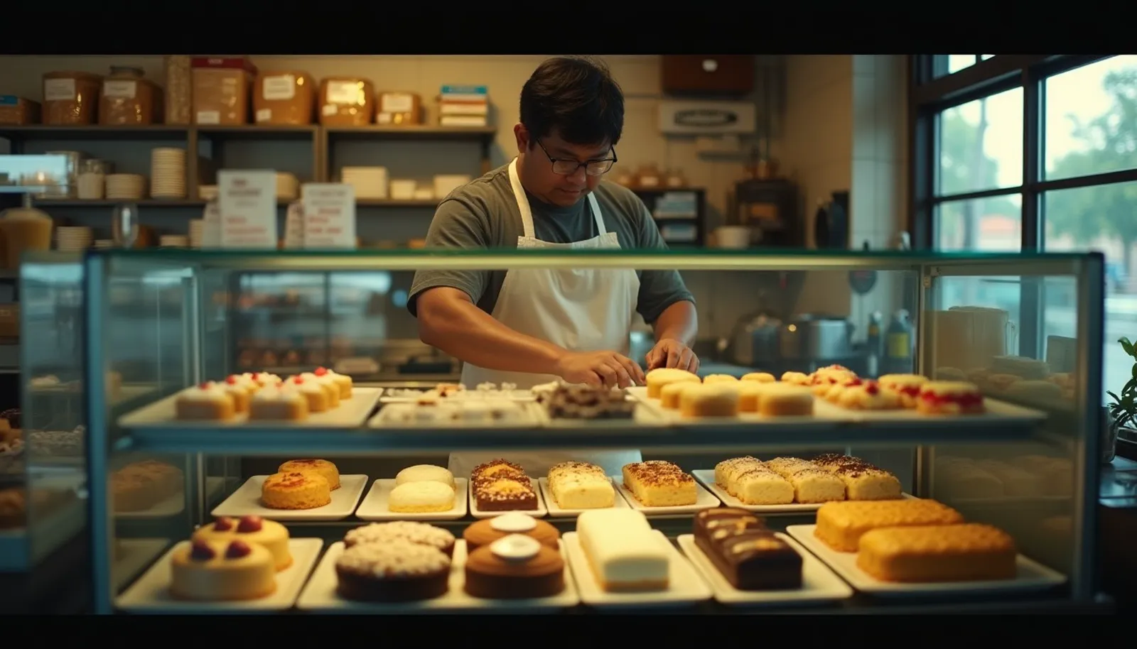 Fresh cakes and cookies in the display counter of a small Indian bakery