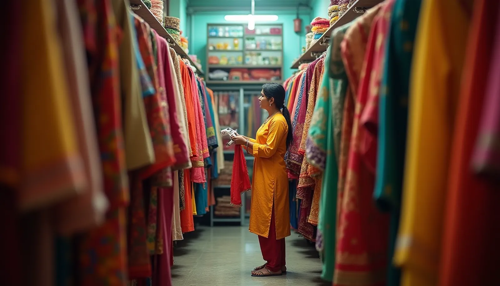 Colourful kurtas and sarees on racks inside a small boutique