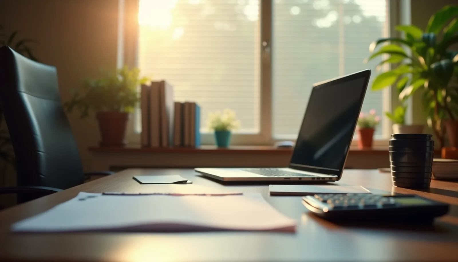 A chartered accountant's tidy desk with files and a laptop in morning light