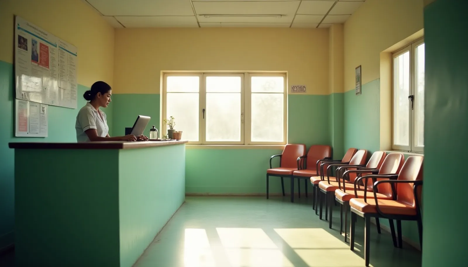 Calm reception area of a small clinic with a nurse at the desk