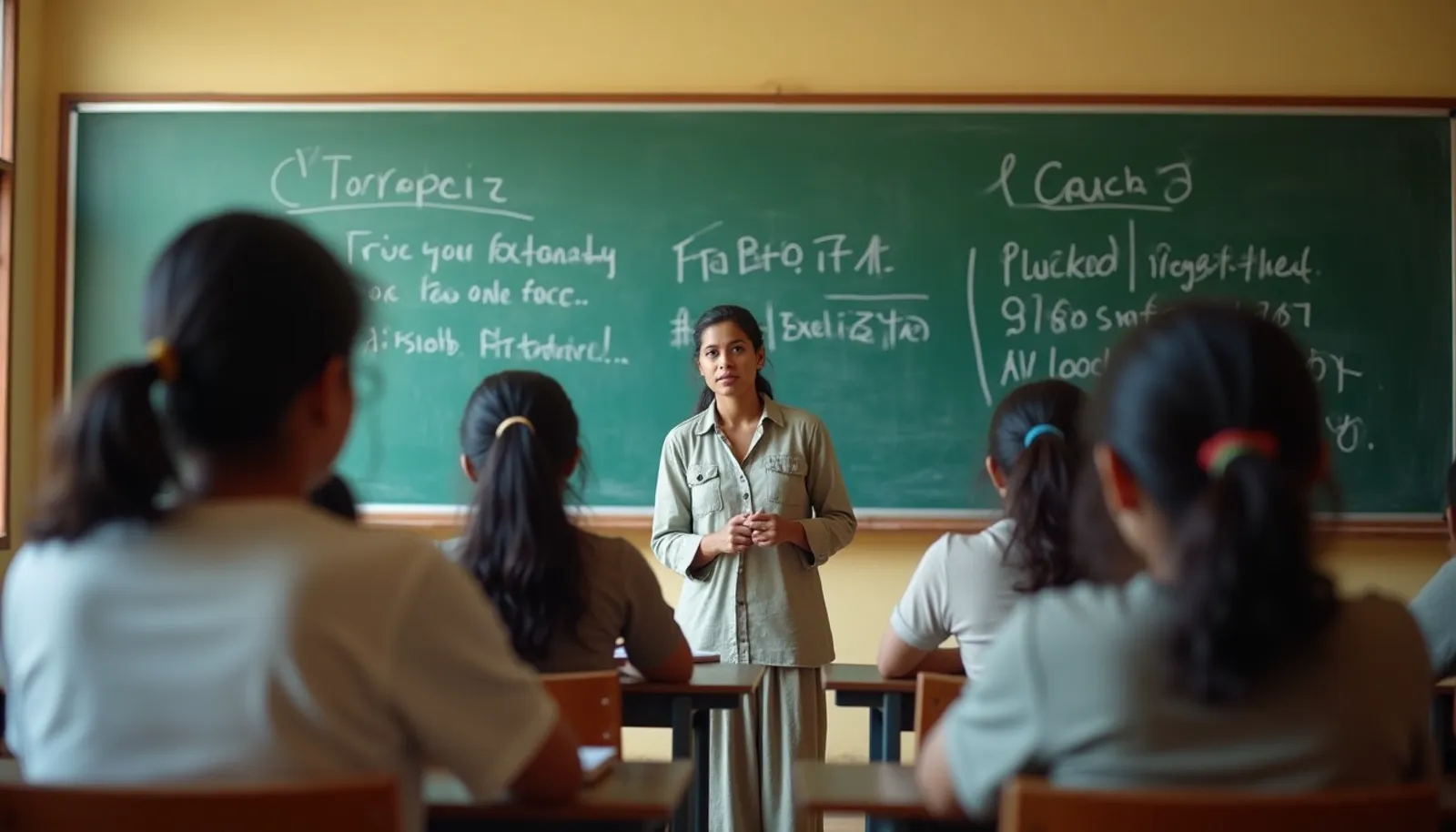 Teacher at a whiteboard explaining a problem to students in a coaching class