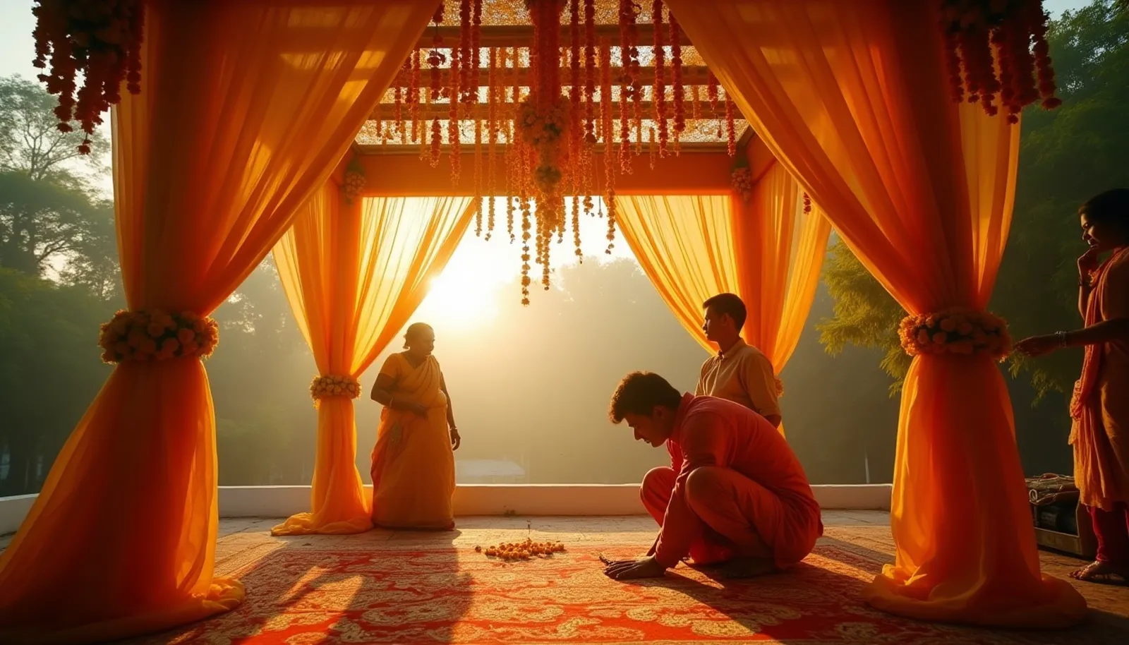 Wedding mandap being decorated with marigold garlands in golden light