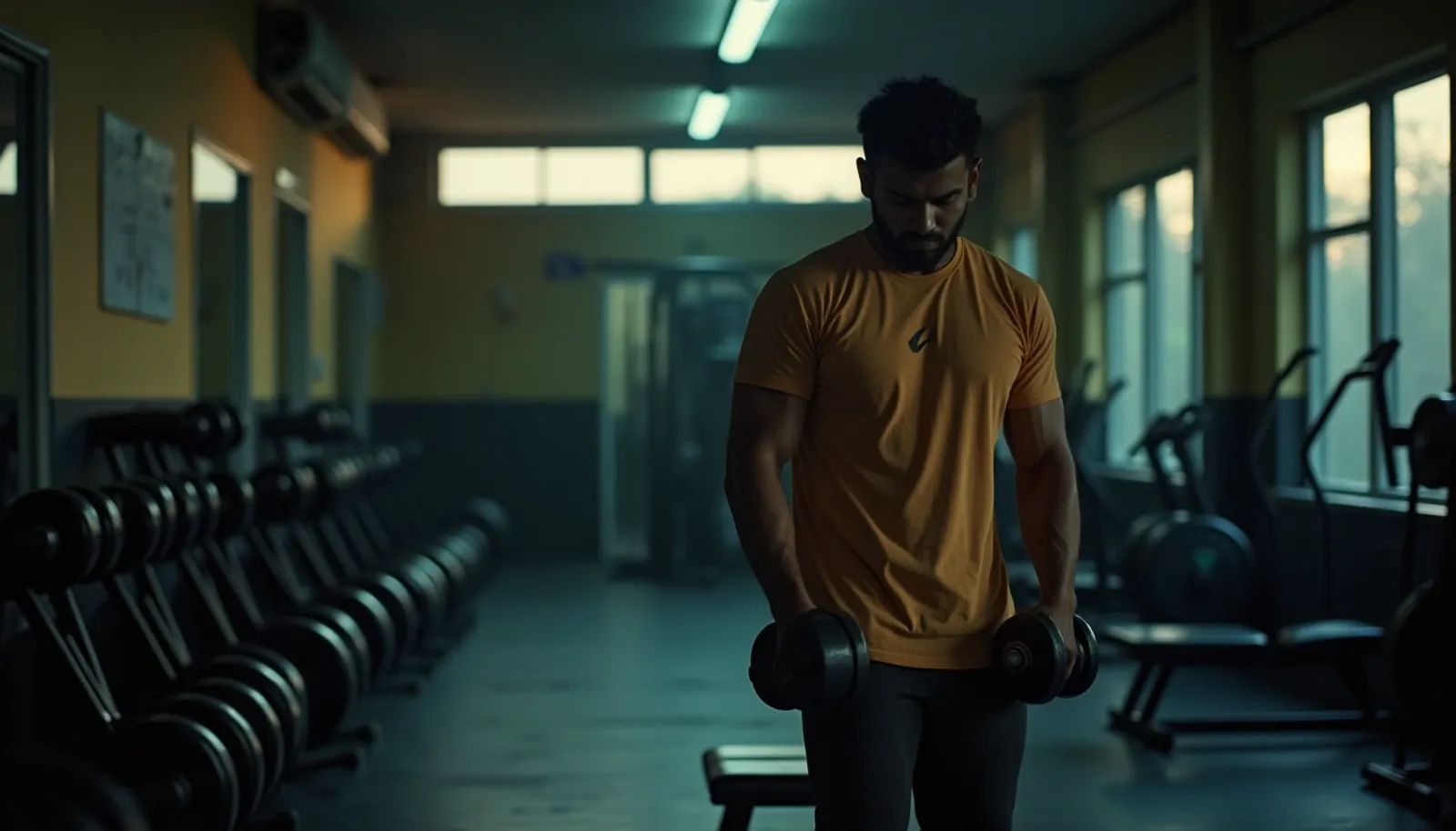 Person training with dumbbells in a gym in the evening