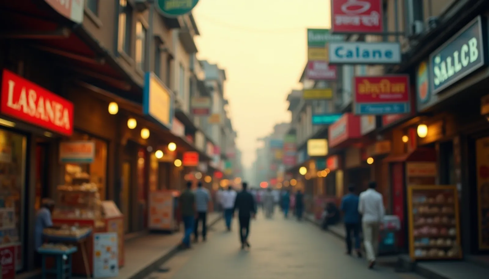 Evening view of a lively Indian market street with small shops