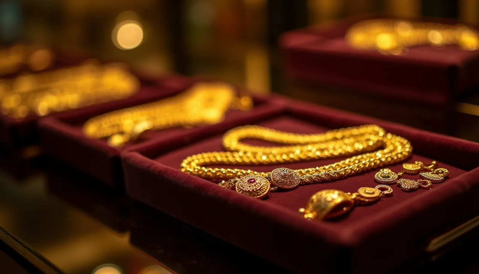 Gold jewellery laid out on a dark velvet tray under a soft spotlight