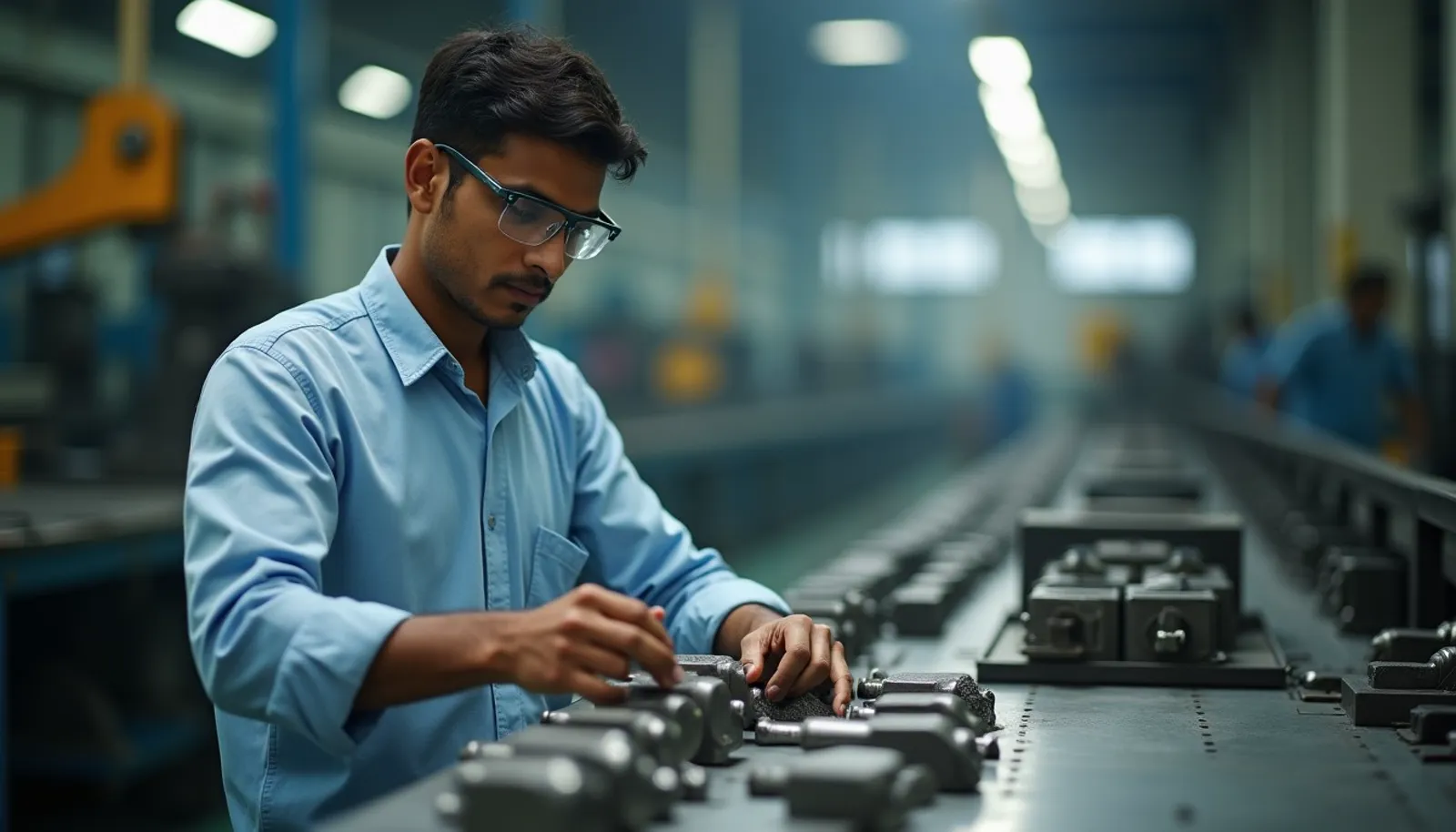 Worker inspecting machined parts on a clean workshop floor