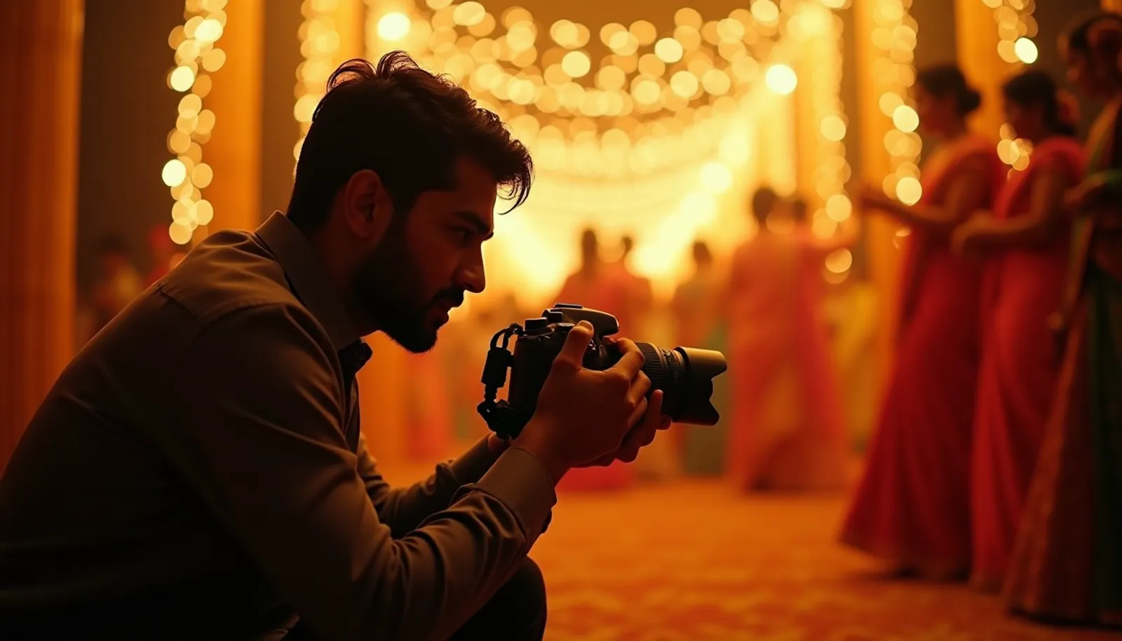 Wedding photographer shooting during a sangeet with fairy lights behind