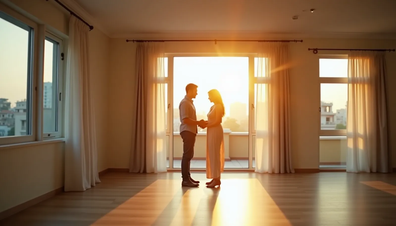 Property dealer showing a couple a sunlit empty apartment