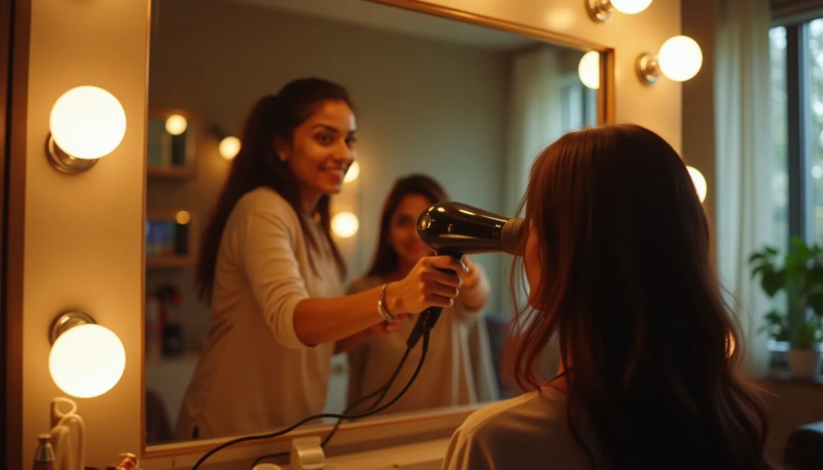 Stylist working on a client's hair inside a modern Indian salon