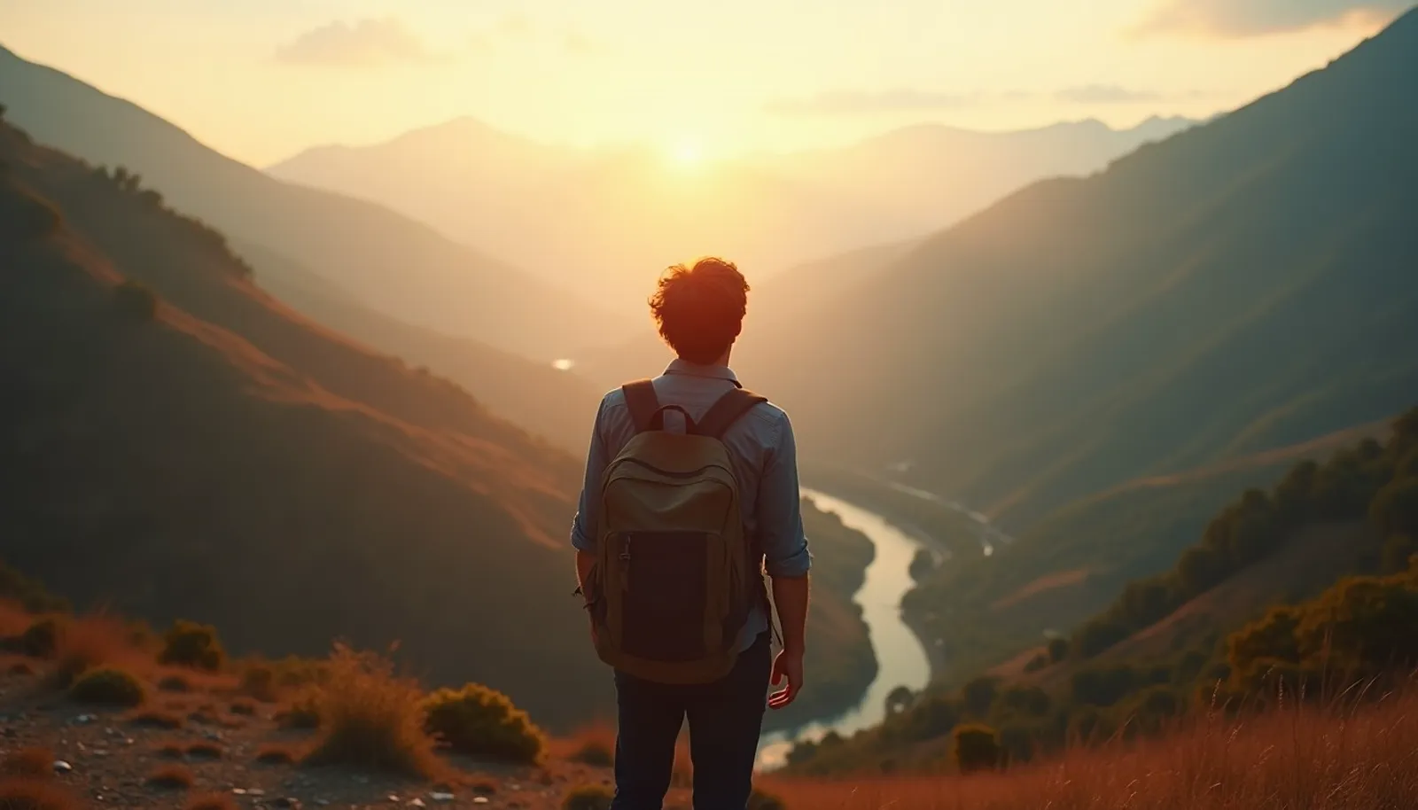 Traveller with a backpack overlooking a Himalayan valley at golden hour
